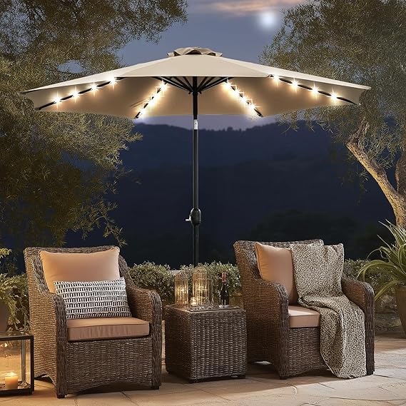 Sybels 10FT Outdoor LED Patio Umbrella, Push Button Tilt & Easy Crank for Pool, Beach, Restaurant, Khaki
