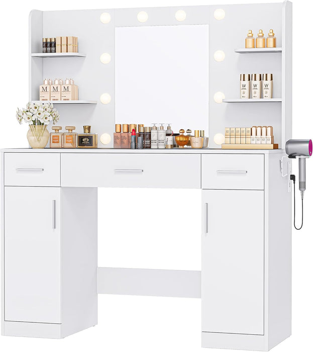Sybels Vanity Desk with LED Mirror & Power Outlet, Makeup Dressing Table with 10 Lights, 3 Color Modes, Adjustable Brightness, 3 Drawers, 2 Cabinets & 4 Shelves for Bedroom