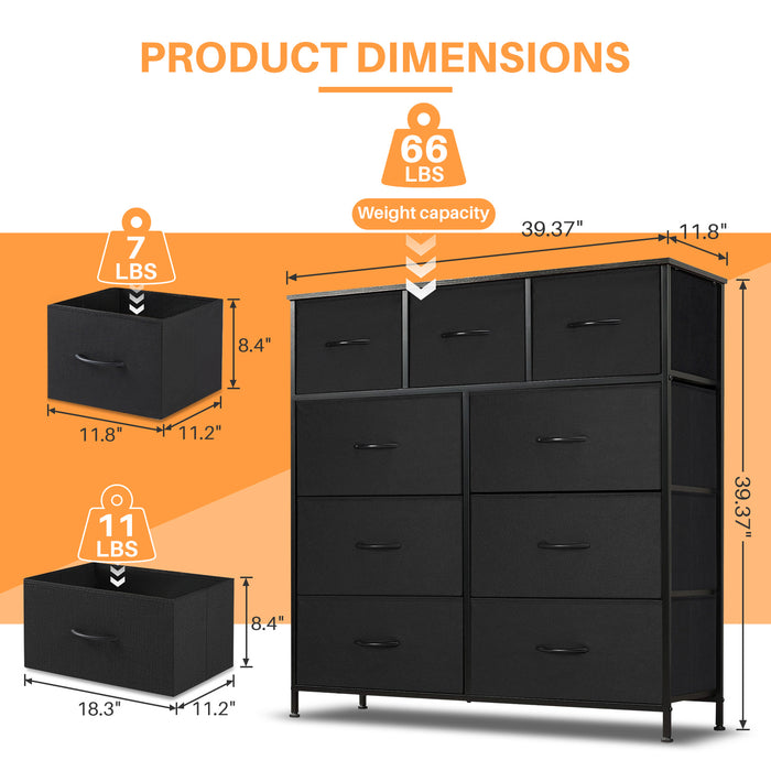 Simenmax 9 Drawers Dresser for Bedroom, Tall Fabric Closet Chests Organizer Tower Furniture with Wooden Top Metal Frame for Clothes, Room, Living Room, Hallway, Entryway,Black