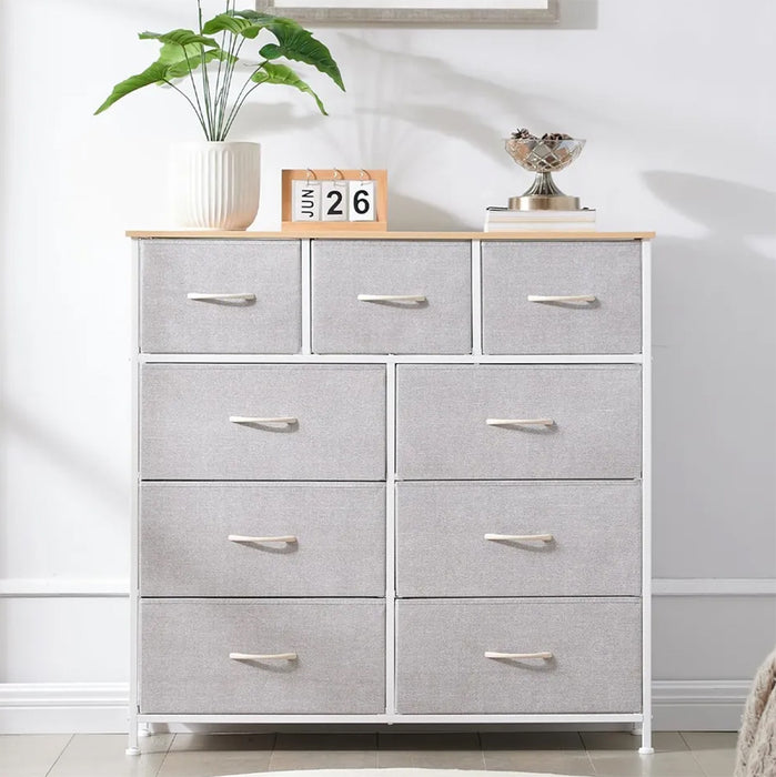 Simenmax 9 Drawers Dresser for Bedroom, Tall Fabric Closet Chests Organizer Tower Furniture with Wooden Top Metal Frame for Bed Room, Living Room, Hallway, Entryway,Light Gray