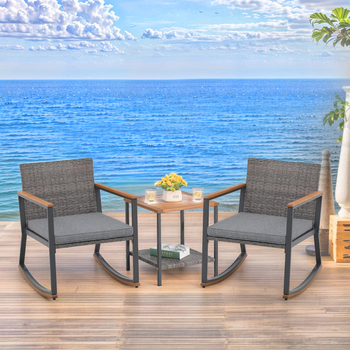 3-Piece Patio Set, Outdoor Wicker Bistro Set, Rattan Chair Conversation Sets with Coffee Table and Cushions, Gray
