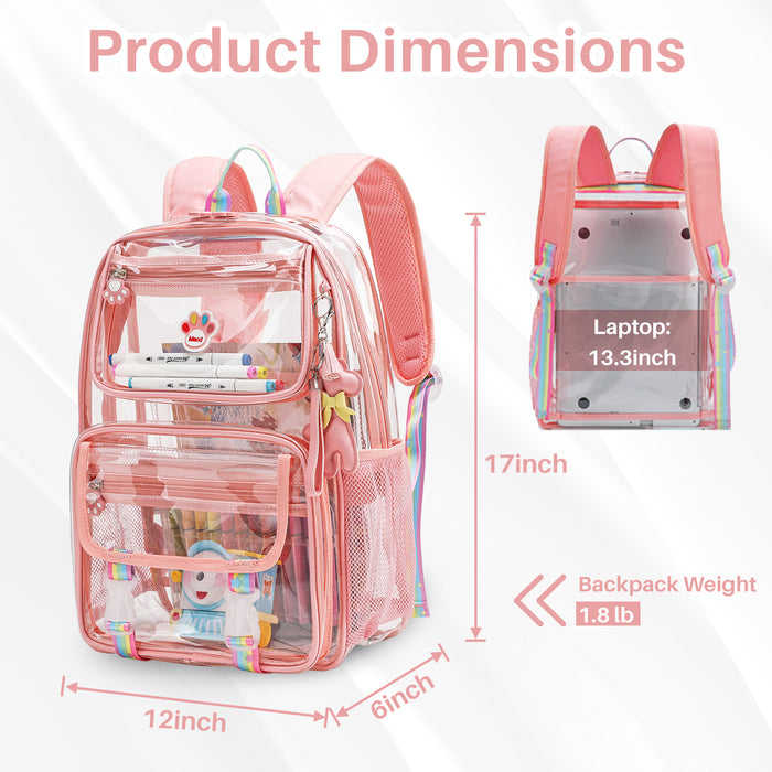 Clear Backpack Heavy Duty with Padded Straps, Side Pockets for Kids, Boys, Girls, School, Stadium Approved Events,Pink