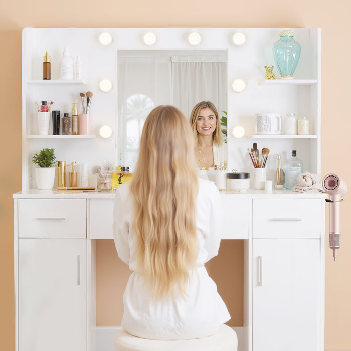 Simenmax Vanity with Mirror and 10 LED Lights, Makeup Vanity Desk with 3 Drawer, 6 Shelves, 2 Cabinet, Dressing Table for Bedroom, White