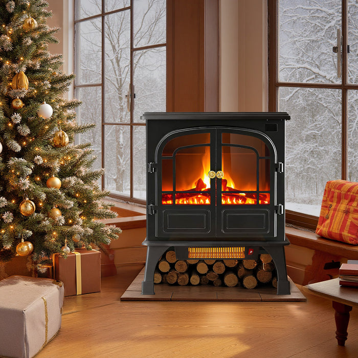 Simenmax Freestanding Electric Fireplace Heater, 26" Two Door Electric Fireplace Infrared Stove Heater, 3D Realistic Flame Effects, Adjustable Brightness and Heating Mode, Overheating Safe Design
