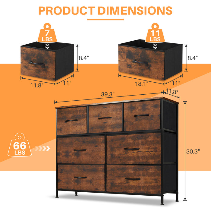 Simenmax 7 Drawer Dresser for Bedroom, Fabric Storage Dresser for Bedroom, Wood and Metal Dresser TV Stand for Living Room, Storage Tower with Bins, Chest of Drawers for Closet, Hallway,Brown