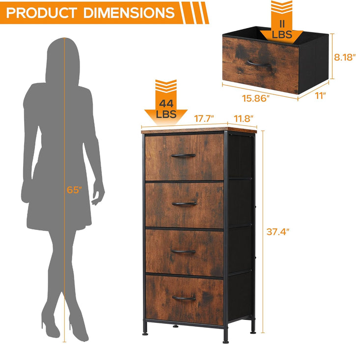 Bigleap 4 Drawer Dresser, Tall Chest Of Drawers Nightstand Storage Tower Storage Dresser Fabric Dresser With Wood Top for Living Room, Bedroom, Hallway, Nursery, Rust