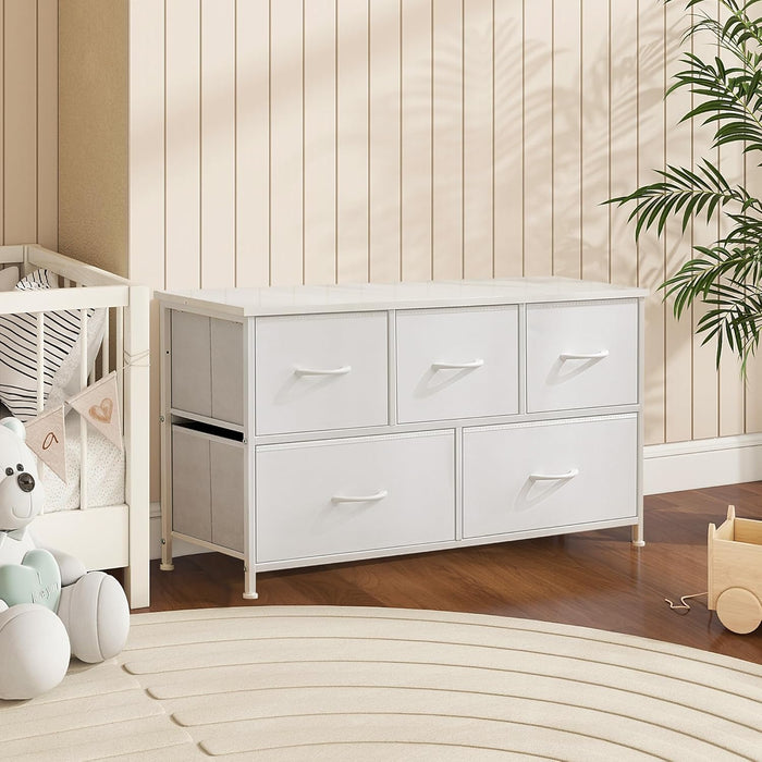 5 Drawer Dresser, Wide Chest Of Drawers Nightstand Storage Tower Storage Dresser Fabric Dresser With Wood Top for Living Room, Bedroom, Hallway, Nursery, White