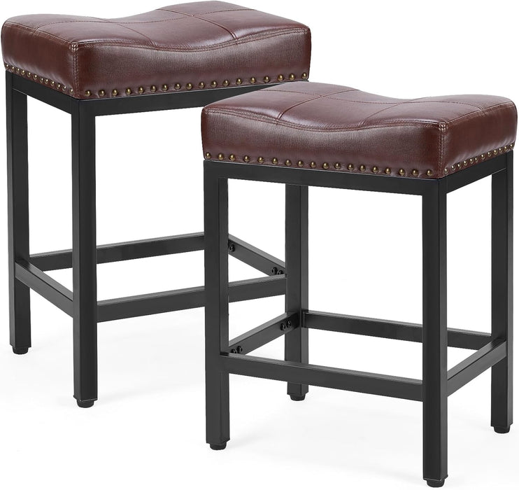 Sybels 24" Saddle Bar Stools (Set of 2) - PU Leather Counter Stools with Footrest for Kitchen Island, Cafe，Brown