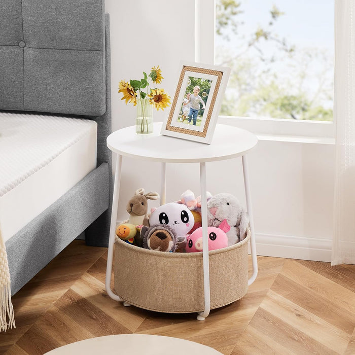 Small Round Side End Table for Living Room, Modern Nightstand Bedside Table with Fabric Basket for Bedroom - White