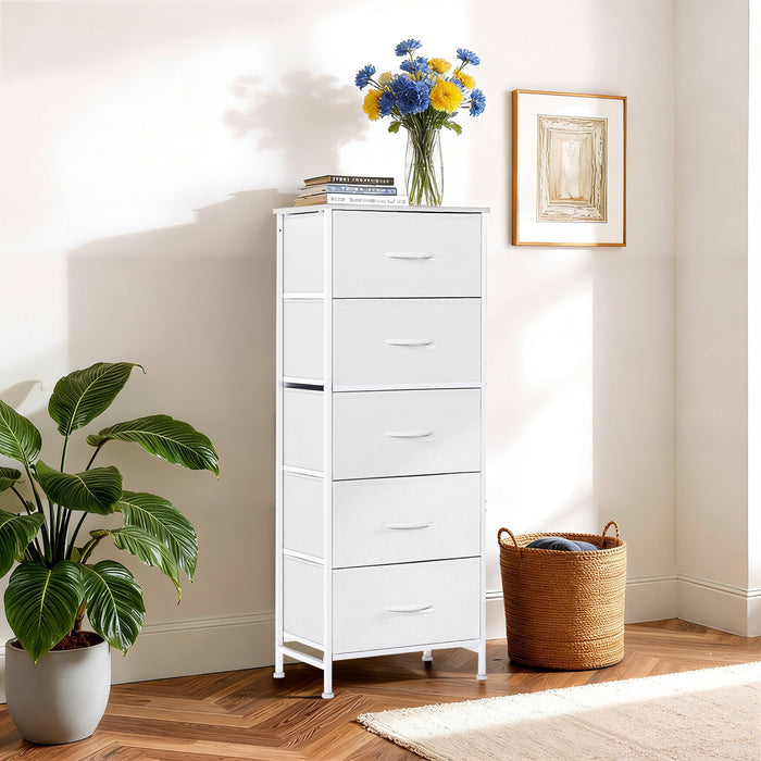 Bigleap 5-Drawer Dresser，5 Drawer Nightstand with Wood Top & Fabric Bins - Slim Storage Cabinet for Bedroom, Closet, Living Room,White
