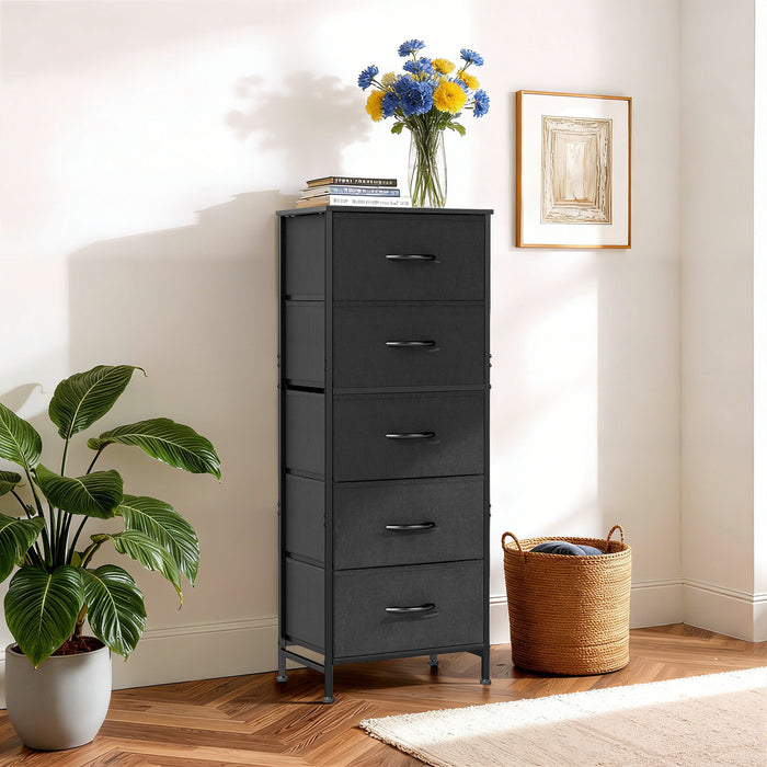 Bigleap 5-Drawer Dresser，5 Drawer Nightstand with Wood Top & Fabric Bins - Slim Storage Cabinet for Bedroom, Closet, Living Room,Black