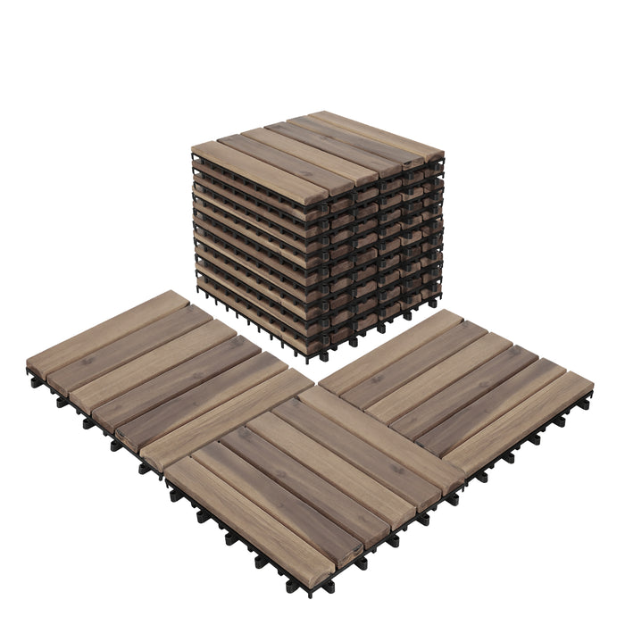 TINKLE WELL 10-Pack Interlocking Solid Wood Deck Tiles, 12"x12" Waterproof Outdoor Flooring for Patio, Garden, Poolside, Stripe