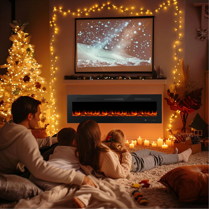 Simenmax 60'' Electric Fireplace in-Wall Recessed and Wall Mounted Fireplace Heater,Linear Fireplace with Multicolor Flame,Timer,Low Noise,Remote Control,Black