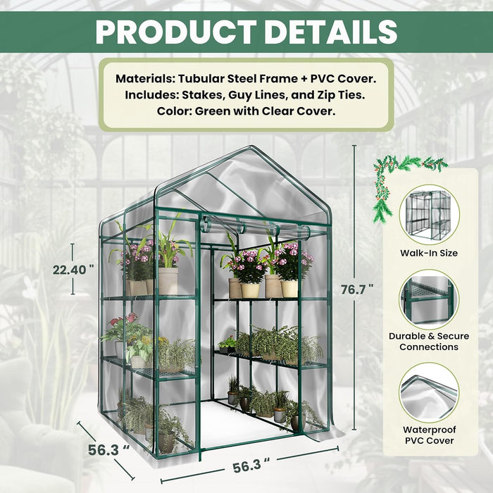 Simenmax 56'' Walk-In Greenhouse, Garden House with Roll-Up Door & Sturdy Shelves, Season Extension for Herbs, Vegetables, Seedlings,Clear