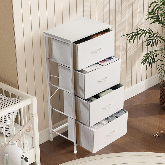 Bigleap 4 Drawer Dresser, Tall Chest Of Drawers Nightstand Storage Tower Storage Dresser Fabric Dresser With Wood Top for Living Room, Bedroom, Hallway, Nursery, White