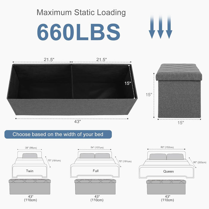 Bigleap 43 Inches Folding Storage Ottoman Bench, Large End of Bed Storage Foot Rest Stools Ottoman Storage Chest with Padded Seat for Bedroom, Living Room, Entryway, Holds up to 660 lb, Grey