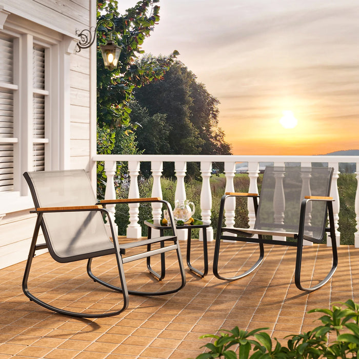 Simenmax 3-Piece Outdoor Rocking Set, Outdoor Furniture Set with Textilene Chairs & Glass-Top Table, Conversation Set of 3 for Porch, Lawn, Garden, Yard, Balcony, Poolside, Gray