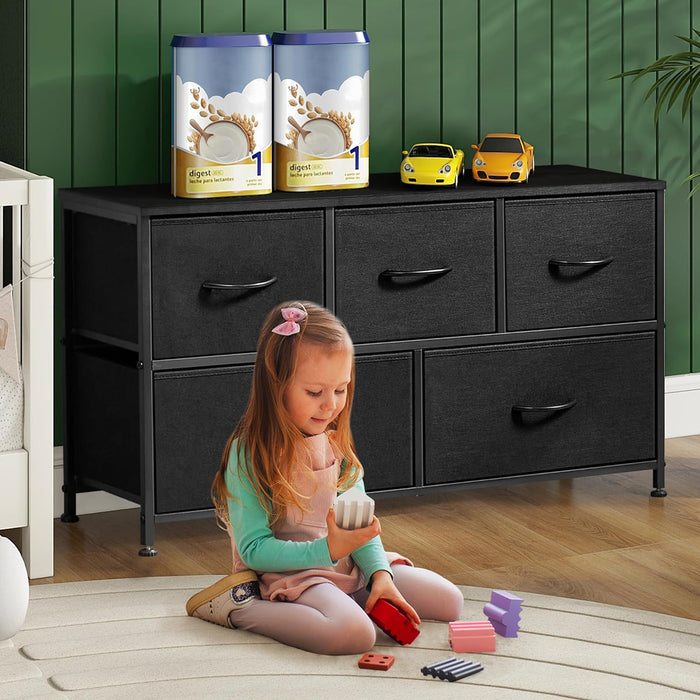 Bigleap 5 Drawer Dresser, Wide Chest Of Drawers Nightstand Storage Tower Storage Dresser Fabric Dresser With Wood Top for Living Room, Bedroom, Hallway, Nursery, Black