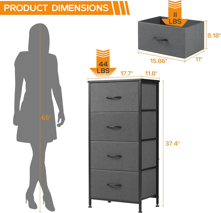 4 Drawer Dresser, Tall Chest Of Drawers Nightstand Storage Tower Storage Dresser Fabric Dresser With Wood Top for Living Room, Bedroom, Hallway, Nursery, Grey