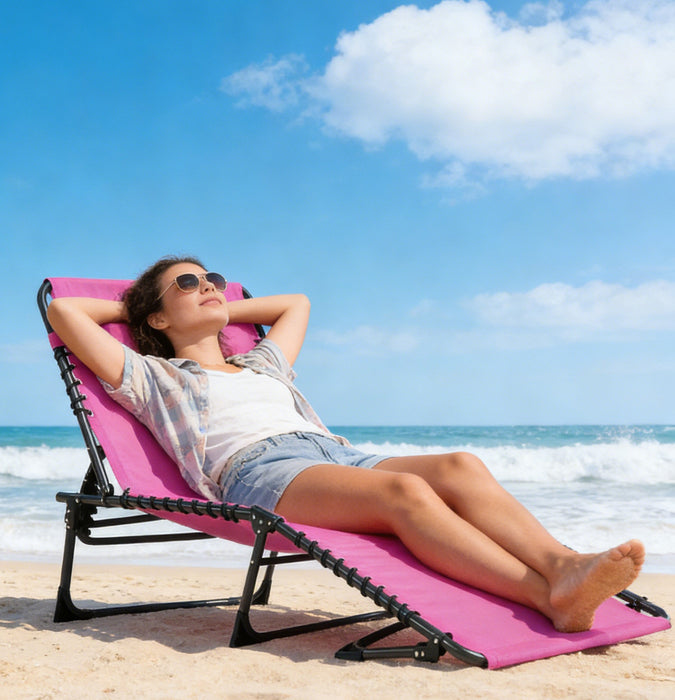 Simenmax Outdoor Folding Lounge Chair - Portable Recliner with Adjustable Backrest, 300lb Capacity, Stackable Design for Patio, Lawn, Beach - Dark Pink