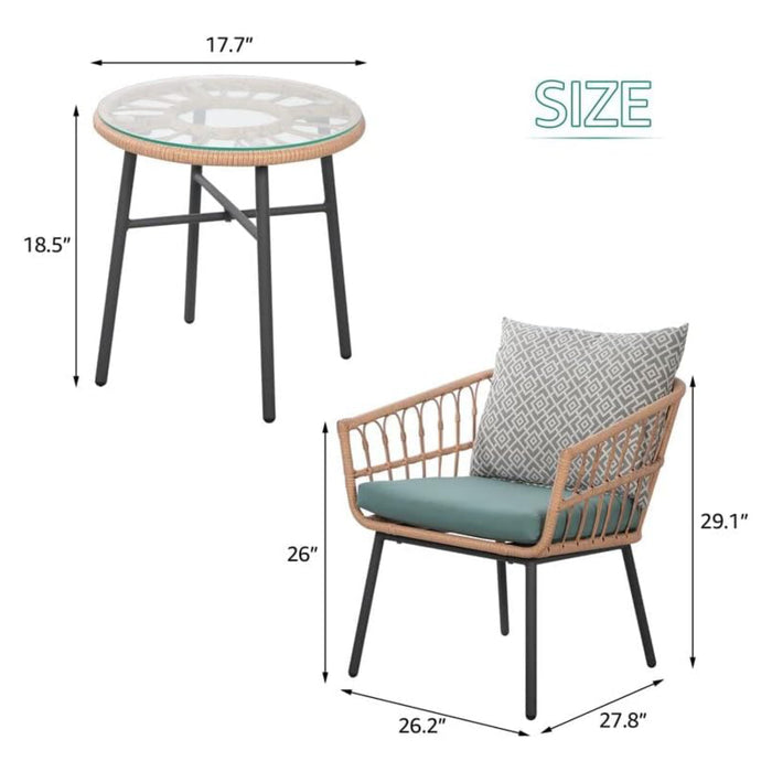 TINKLE WELL 3-Piece Outdoor Patio Set, Furniture Green Wicker Bistro Chairs with Tempered Glass Coffee Table for Garden, Balcony, Poolside