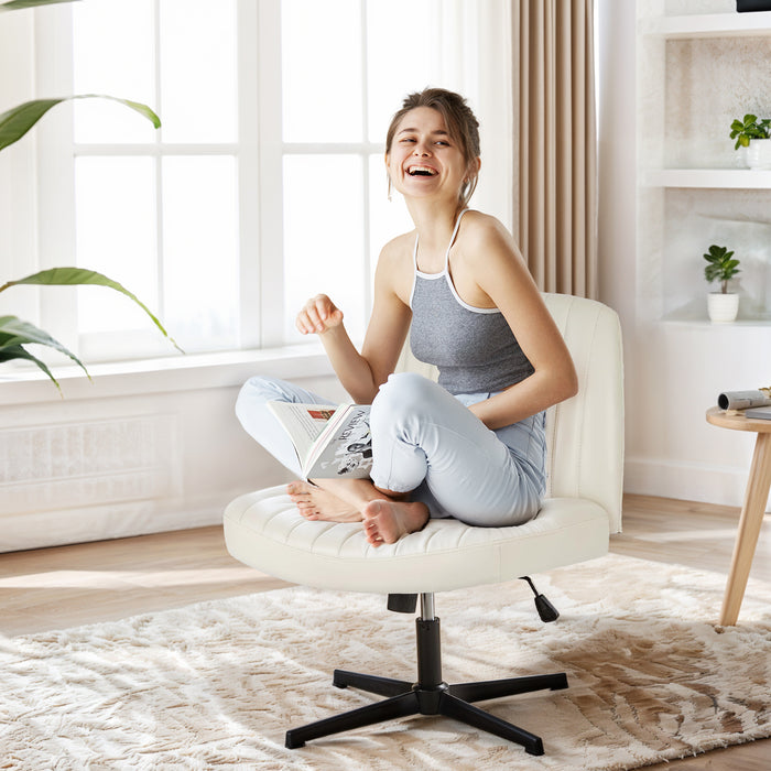 TINKLE WELL Criss-Cross Legged Armless Chair with Wide Seat, Height-adjustable tilt and swivel, and Soft Leather for Home Office, Bedroom, Study Room, and Student Desk Seating