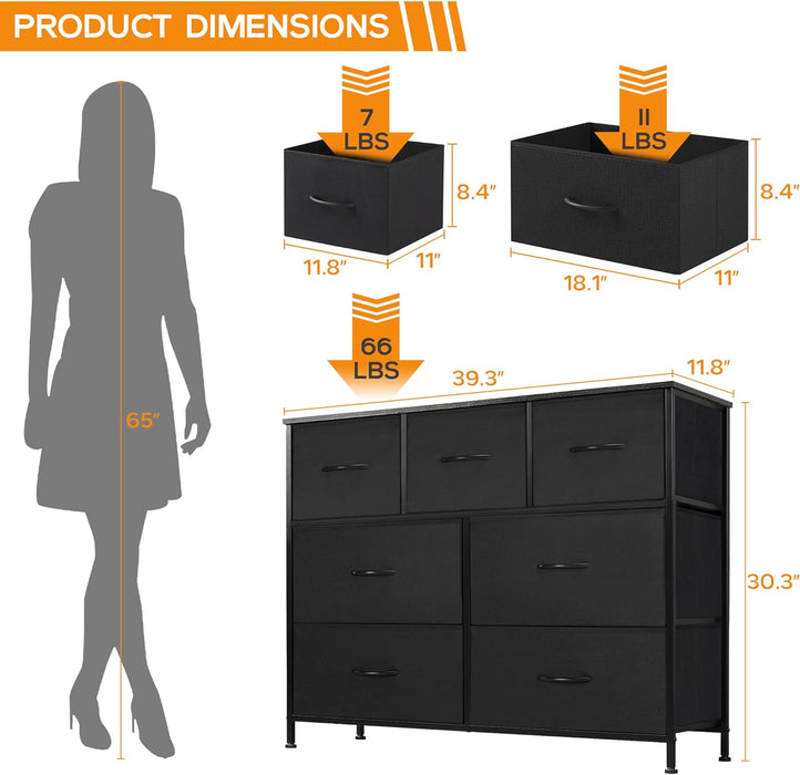 Bigleap 7 Drawer Dresser, Wide Chest Of Drawers Nightstand Storage Tower Storage Dresser Fabric Dresser With Wood Top for Living Room, Bedroom, Hallway, Nursery, Black