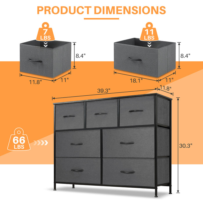 Simenmax 7 Drawer Dresser for Bedroom, Fabric Storage Dresser for Bedroom, Wood and Metal Dresser TV Stand for Living Room, Storage Tower with Bins, Chest of Drawers for Closet, Hallway,Gray
