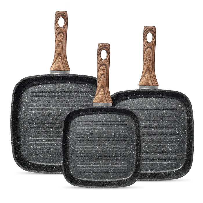Sybels 3-Piece Nonstick Grill Pan Set, Square ，for Healthy Cooking, Universal for Induction Gas Electric Glass Stovetops, Cool-Touch Handle (9.5" 10" 11")，Black