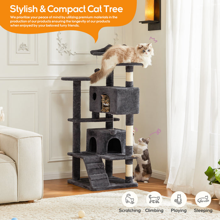 Bigleap Cat Tree, 54-Inch Cat Tower for Indoor Cats with Sisal Scratching Post, Cat Play House, Large Kitty Condo, Plush Multi-Level with Climbing Ladder，Gray