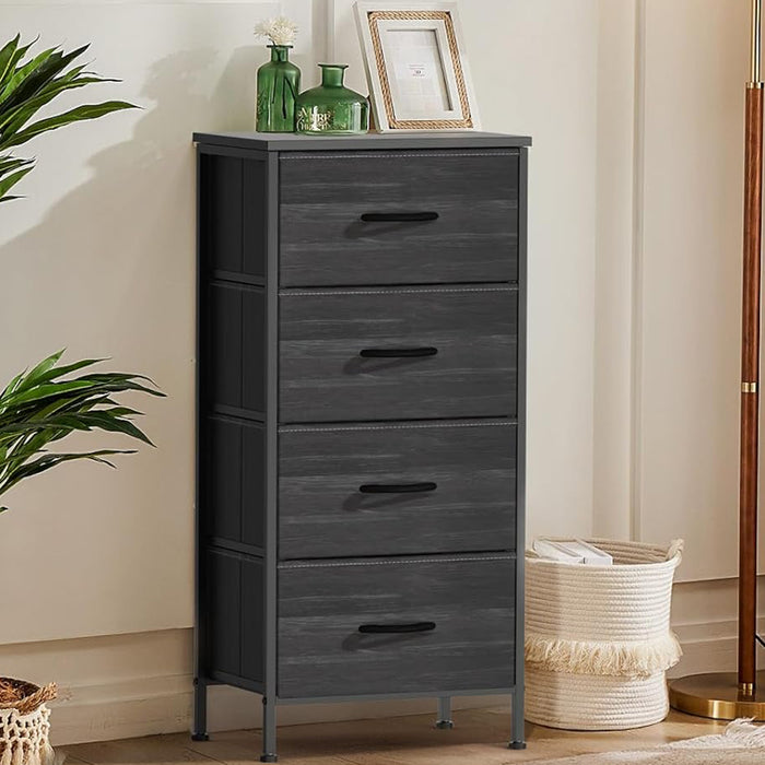 Bigleap 4 Drawer Dresser with Wood Top, Fabric Storage Tower & Tall Chest for Bedroom, Living Room, Hallway Organization,Black Wood