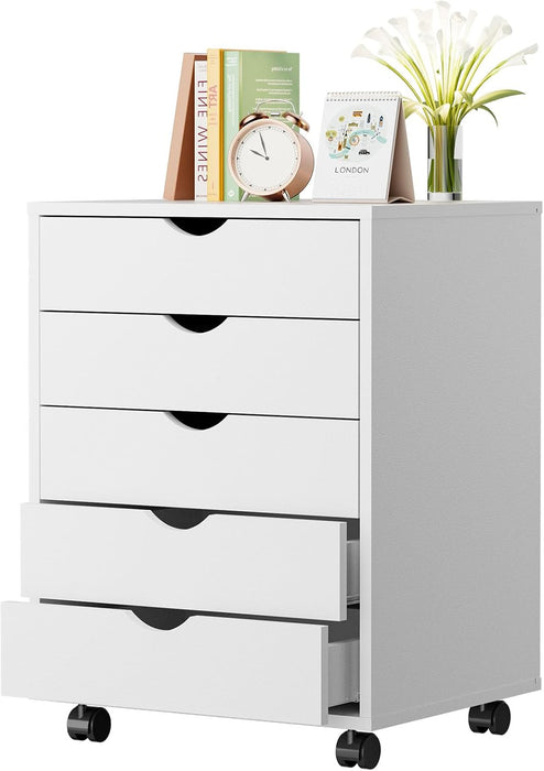 Sybels 5-Drawer Rolling Storage Cart, Mobile File Cabinet & Organizer Dresser with Wheels for Home Office, Wood Chest, White