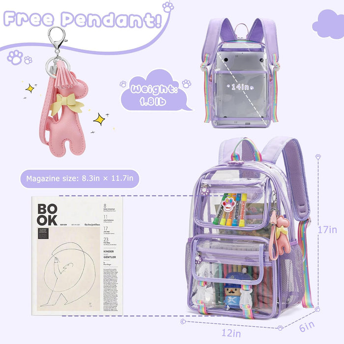 Clear Backpack for Girls, Cute Transparent Heavy Duty Stadium Approved PVC Kids School Book Bags With Free Pendant As Gift, Purple