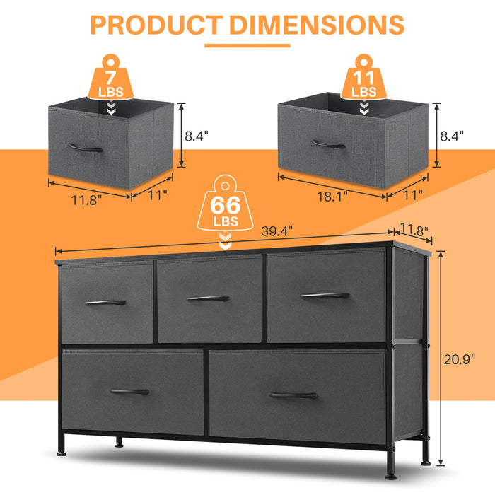 Simenmax 5 Dresser for Bedroom, 5 Storage Drawers, Wide Fabric Closet Chests Organizer Tower Furniture with Wooden Top Metal Frame for Clothes, Room, Living Room, Hallway, Entryway, Gray