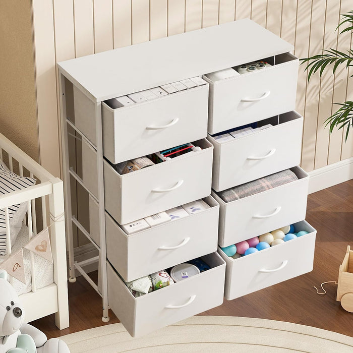 8 Drawer Dresser, Tall Chest Of Drawers Nightstand Storage Tower Storage Dresser Fabric Dresser With Wood Top for Living Room, Bedroom, Hallway, Nursery, White