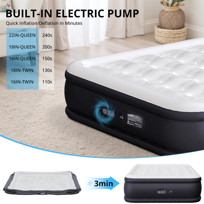TINKLE WELL Twin/Queen Size Air Mattress with Built-in High Capacity Pump, 16"/18“/22” Extra Tall Raised Airbed, Non-Slip Bottom Design, Supports 660 lbs, Inflatable Mattress for Home, Camping and Travel