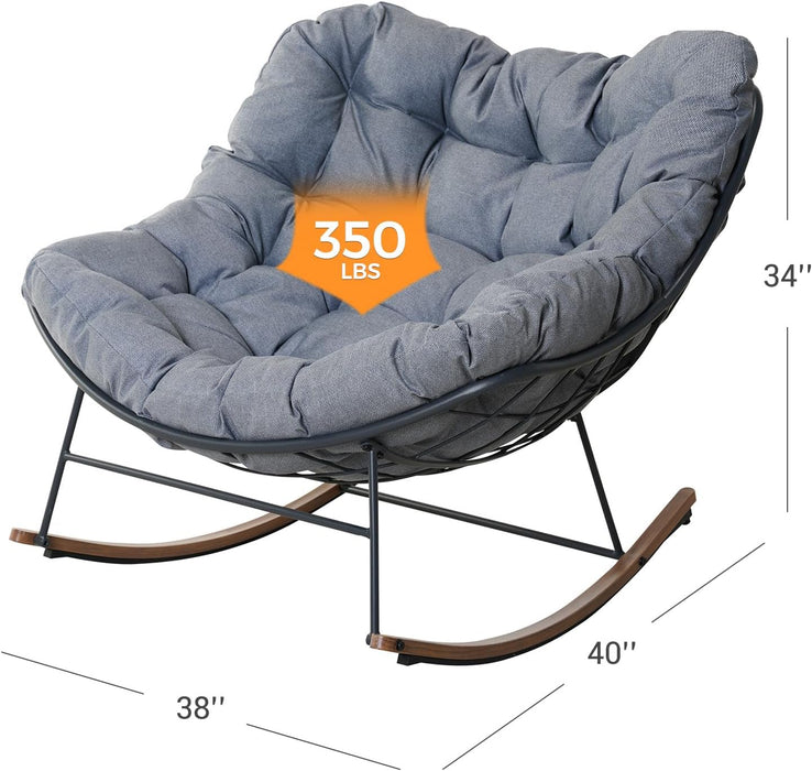 Egg-Shaped Rocking Chair Indoor &Outdoor, E-Coated Papasan Rocking Chair with Cushion, Super Comfortable Leisure Chair for Living Romm, Patio, Porch, Garden, Backyard, Grey