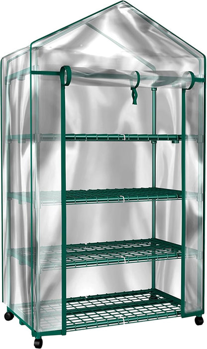 Simenmax 4-Tier Portable Mini Greenhouse, 27'' Plant Shelter with PVC Cover, Roll-Up Door & Stable Stand for Seedling, Herbs, Flowers,Clear