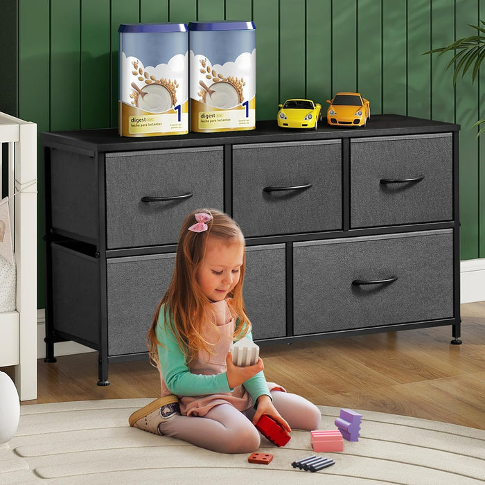 5 Drawer Dresser, Wide Chest Of Drawers Nightstand Storage Tower Storage Dresser Fabric Dresser With Wood Top for Living Room, Bedroom, Hallway, Nursery, Grey