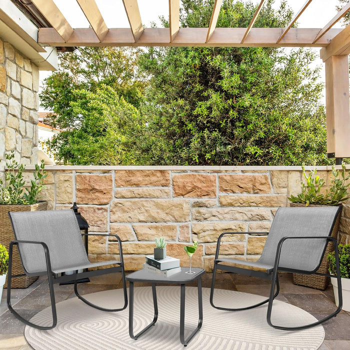 Simenmax 3-Piece Outdoor Rocking Set, Outdoor Furniture Set with Textilene Chairs & Glass-Top Table, Conversation Set of 3 for Porch, Lawn, Garden, Yard, Balcony, Poolside, Gray