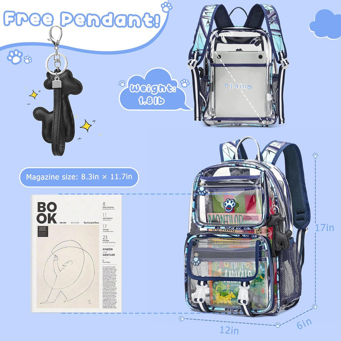 Clear Backpack for Boys, Cute Transparent Heavy Duty Stadium Approved PVC Kids School Book Bags With Free Pendant As Gift, Blue