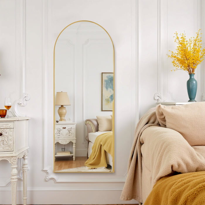 Simenmax 64''x21'' Arched Full Length Mirror with Stand, Aluminum Frame Floor Mirror for Cloakroom, Hallway, Gold