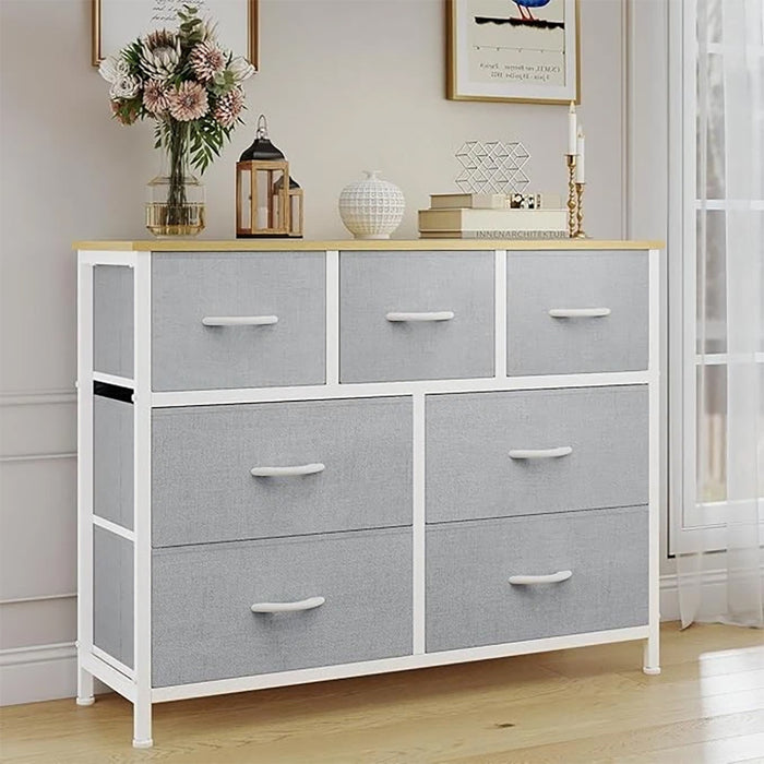 Simenmax 7 Drawer Dresser for Bedroom, Fabric Storage Dresser for Bedroom, Wood and Metal Dresser TV Stand for Living Room, Entryway Light Gray
