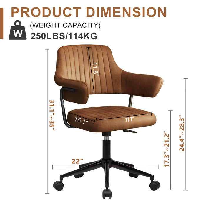 Office Desk Chair, Modern Cute Rolling Vanity Swivel Task Chairs with Wheels, Comfortable Back Seat for Home, Bedrooms, Office, Study, Student, Adults, Make-up, Dressing Room,Brown
