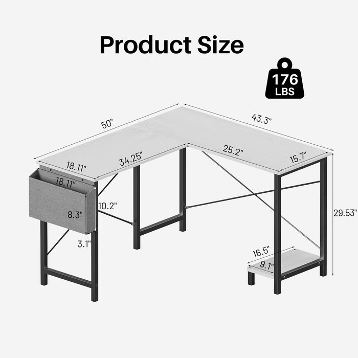 TINKLE WELL 50-inch L-Shaped Computer Desks, Corner Gaming Table with Wooden Desktop, Reversible Design, CPU Stand and Side Bag for Home Office, Study