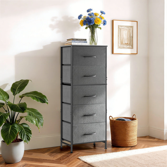 Bigleap 5-Drawer Dresser，5 Drawer Nightstand with Wood Top & Fabric Bins - Slim Storage Cabinet for Bedroom, Closet, Living Room,Gray