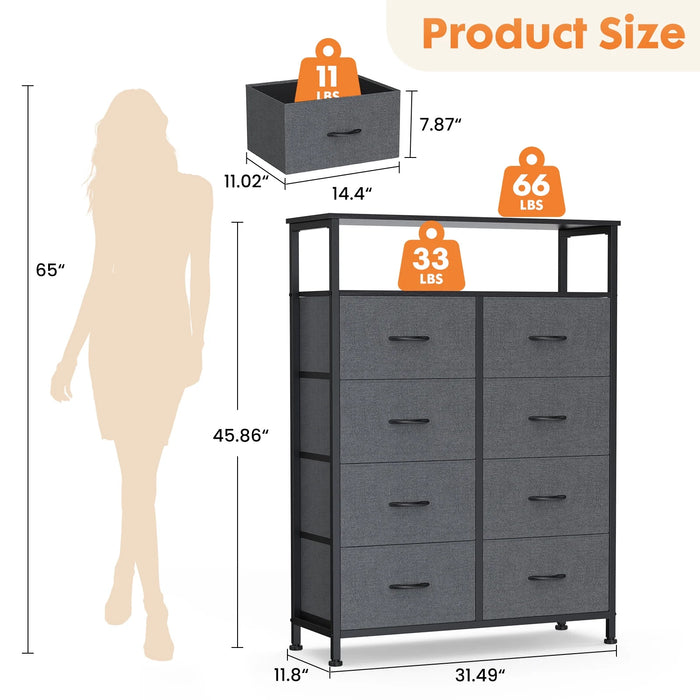 Bigleap 8-Drawer Dresser, Fabric Storage Cabinet, Clothes Organizer with Wood Top,Wardrobe, TV Stand for Living Room & Bedroom, Gray