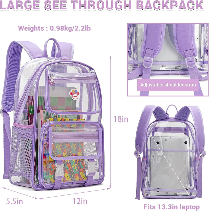 Large Clear Backpack for Girls, Cute Transparent Heavy Duty Stadium Approved PVC Kids School Book Bags With Free Pendant As Gift, Purple