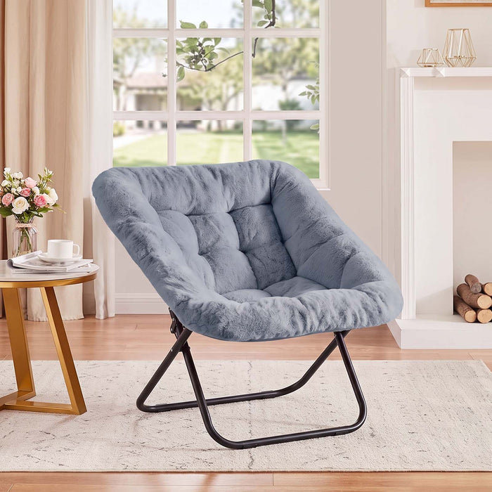 Comfy Saucer Chair, Folding Cozy Faux Fur Accent Seat with Thick Padded and Metal Frame, Single Leisure Chair for Living Room Bedroom