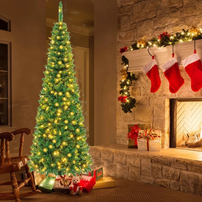 Simenmax 6ft Prelit Pencil Christmas Tree with Warm White LED Lights, Artificial PVC Xmas Christmas Tree with Sturdy Metal Stand for Small Spaces, Home, Office, Holiday Decor